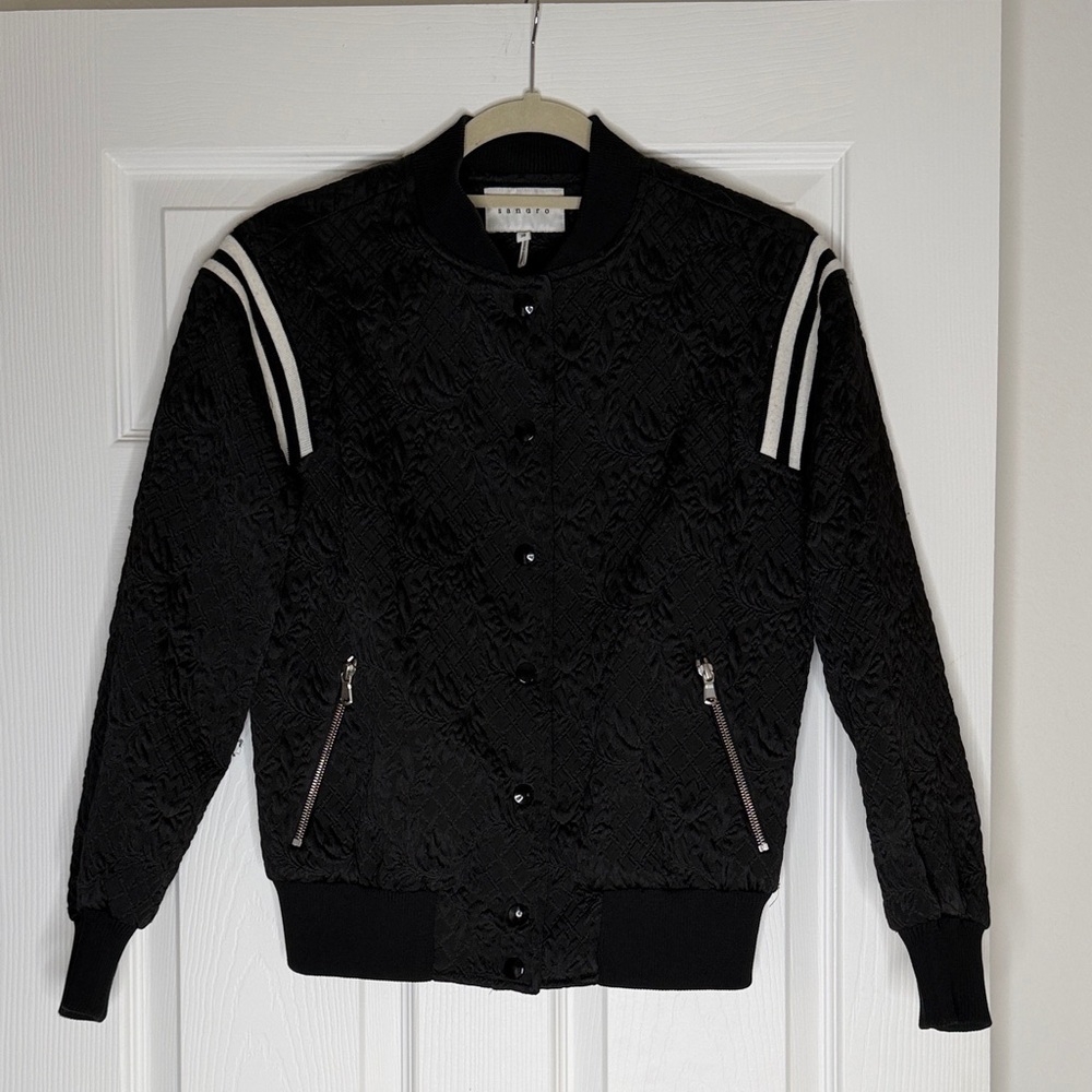 Sandro Black Brocade Quilted Bomber Jacket with White Stripes women’s Fr 36 (S)
